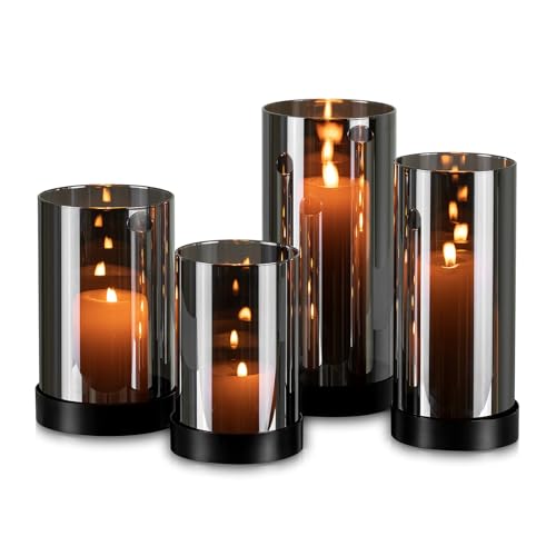 Glasseam Windlicht Glas Schwarz Tischdeko: 4er Set Windlicht Outdoor Modern Windlichter Kerzenhalter Metall für Deko Wohnzimmer Glaszylinder Kerzengläser für Draußen Advent von Glasseam