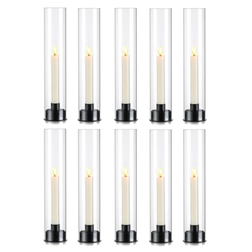 Glasseam Windlicht Glas Stabkerzenhalter 10er Set, Metall Kerzenständer Schwarz mit Glaszylinder, Modern Kerzenhalter für Stabkerzen Hochzeit, Windlichter Weihnachten für Wohnzimmer Haus Tischdeko von Glasseam