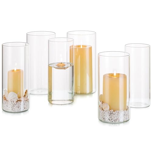 Glasseam Windlicht Kerzenhalter Stumpenkerzen, Zylinder 6er Kerzenständer Glas Vase für Pampasgras Blockkerzen Schwimmende Kerzen Set, Durchsichtig Glaszylinder für Kerzen Deko Weihnachten Tisch Party von Glasseam