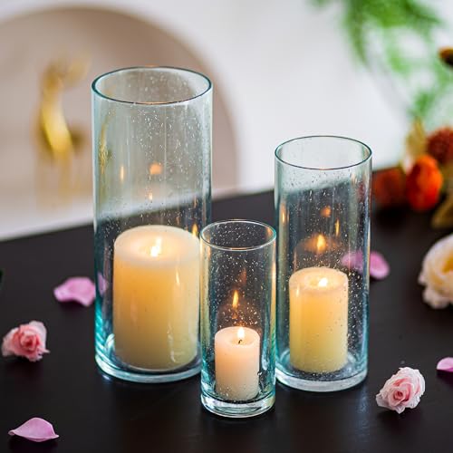 Glasseam Windlicht groß Kerzenhalter Glas 3er Set, Rosa Glasvase Zylinder Windlichter, Kerzenständer Weihnachten für Tischdeko, Modern Kerzenglas Gross Deko Vase für Zimmer Haus Outdoor Garten von Glasseam