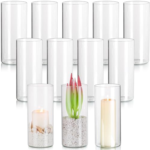 Glasseam Windlichter Glas Set Glaszylinder Kerzenständer, Transparent Zylinder Kerzenhalter 12 Stueck für Stumpenkerzen Groß Kerzen Hochzeit Tisch Dekoration, Blumen Vasen Deko für Weihnachten von Glasseam