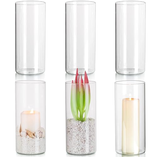 Glasseam Windlichter Glas Set Glaszylinder Kerzenständer, Transparent Zylinder Kerzenhalter 6 Stueck für Stumpenkerzen Groß Kerzen Hochzeit Tisch Dekoration, Blumen Vasen Deko für Weihnachten von Glasseam