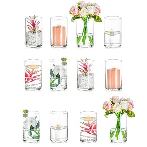 Glasseam Zylinder Kleine Vase, 12 Stück Glas Vasen Set, 15cm Blumenvase Modern Runde Glasvase Tulpenvase für Hochzeit Tischdeko, Dekovasen Kerzenständer für Stumpenkerzen Flower Vase Deko Esstisch von Glasseam