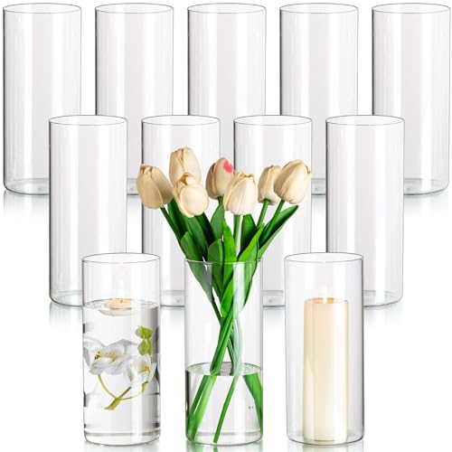 Glasseam Zylinder Vasen Deko Modern Blumenvasen, 12 Stück Glas Vasen Set, 20 x 8,5 cm Tulpenvase Glas Zylinder Kerzenständer für Stumpenkerzen, Minimalistische Flower Vase für Tischdeko Esstisch von Glasseam
