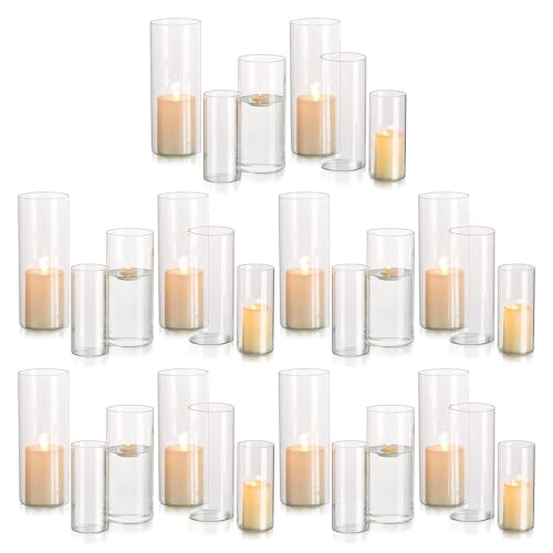 Kerzenhalter Glas Set Kerzenständer Glaszylinder: Modern Windlicht Für Stumpenkerzen Teelicht Pampasgras Vasen Hochzeit Tischdeko Glasvase Zylinder Deko Wohnzimmer Esstisch (M+L+XL, 10 Sätze) von Glasseam