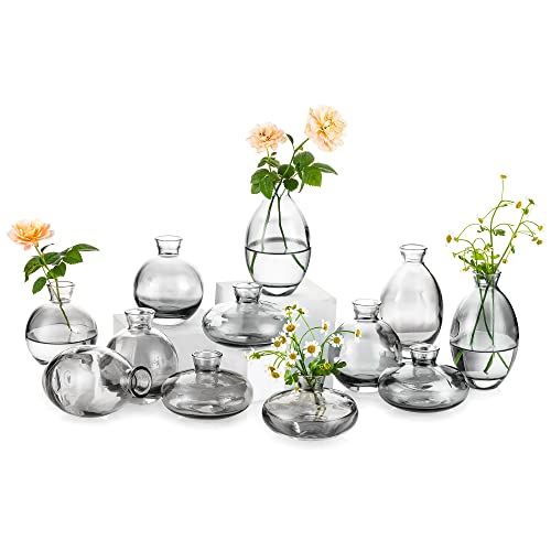 Kleine Vasen Für Tischdeko Vintage Handmade, 4 Sätze (12 Stück) Grau Mini Vase Glas Blumenvase Modern Set Verschiedene Groessen Schlanke Hydroponic Glasvase Fuer Blumen Deko Hochzeit Tisch Wohnzimmer von Glasseam