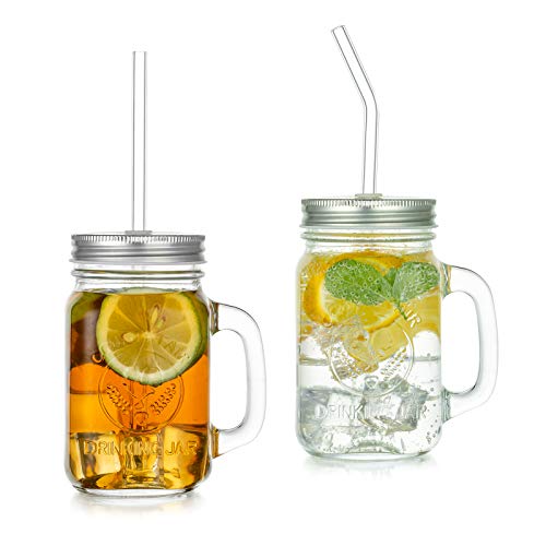 Glas Trinkgläser Mit Deckel und Strohhalm, Vintage Einmachgläser 500ml 2er Mason Jar Wide Mouth Henkelglas Wiederverwendbar Aufbewahrung Smoothie Müsli Oats Dessert Bubbletea Coffee Joghurt Party von Glasseam