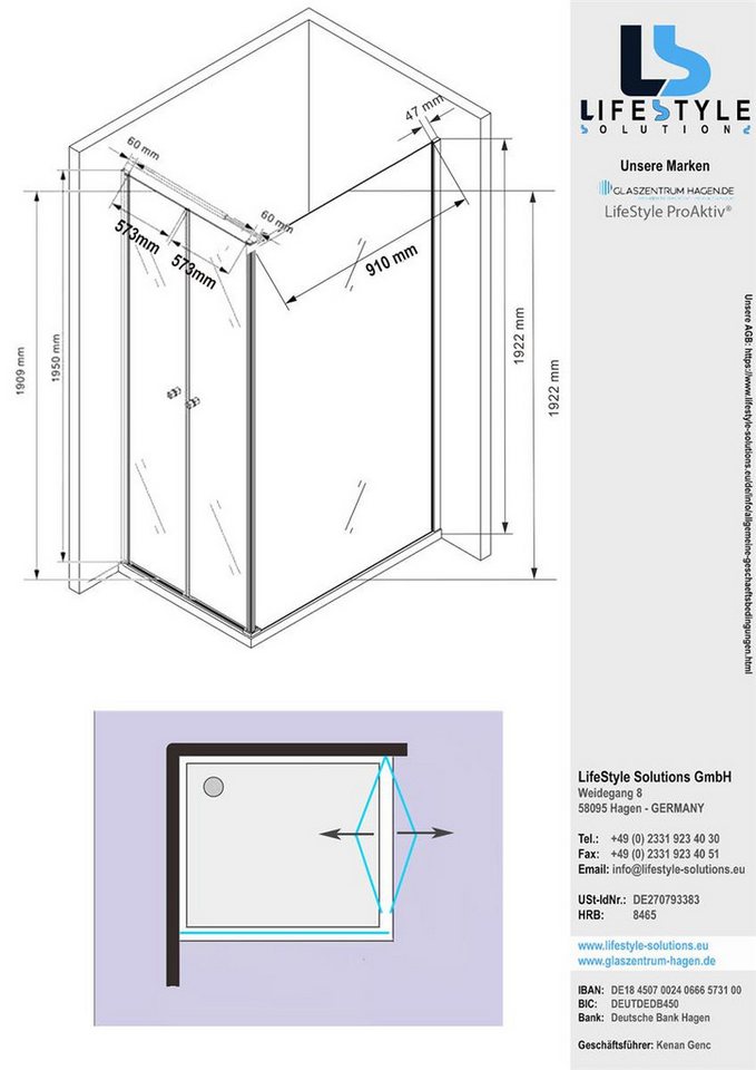 Glaszentrum Hagen Eckdusche 100x130x195"Apollon" Eck Duschkabine Dusche Duschabtrennung8/6mm, BxT: 100x100 cm, ESG Glas von Glaszentrum Hagen