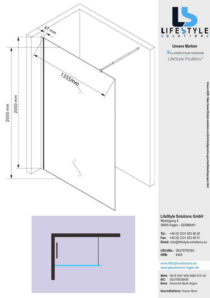 Glaszentrum Hagen Walk-in-Dusche 140x200cm Jade-B Duschwand - Dusche - Duschabtrennung Klar - ESG 10mm, ESG Glas von Glaszentrum Hagen