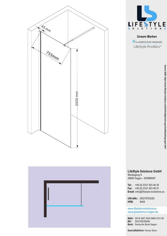 Glaszentrum Hagen Walk-in-Dusche Typ-GD 80x200 cm Walk in Duschabtrennung Satiniert Alu-Profil in Gold, ESG Glas von Glaszentrum Hagen