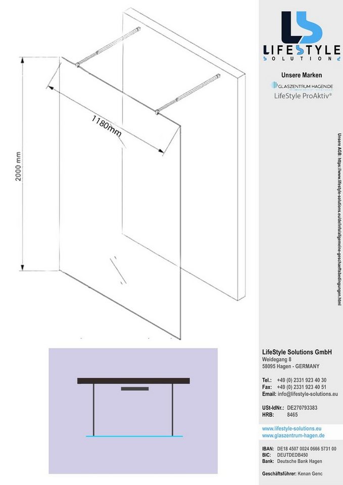 Glaszentrum Hagen Walk-in-Dusche "Jade" 118x200cm 10mm Freistehende Walk in Duschwand ESG - Klar, ESG Glas von Glaszentrum Hagen