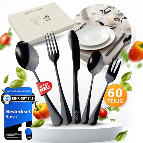 Glavory Lumina - Besteck Set 12 Personen Schwarz Hochglanz - 60teilig - Besteckset Spülmaschinenfest aus rostfreiem 18/8 Edelstahl - Schwarzes Besteck mit edler Verpackung von Glavory