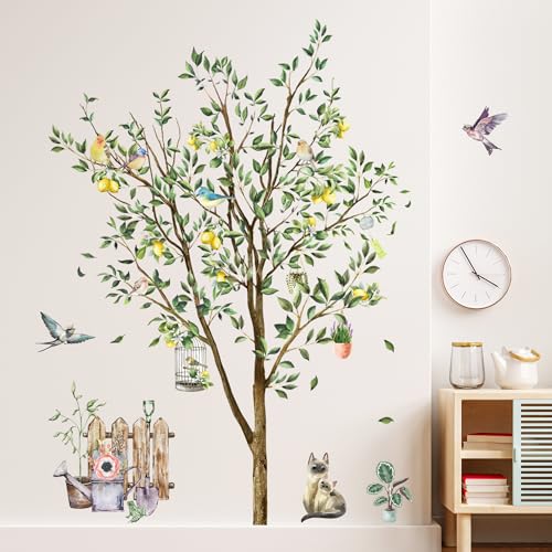 2 Blätter Wandtattoo Baum - Wandtattoo mit Groß Baum, Blume, Vogel, Katzenmuster, Frühling Thema Wandsticker, Wald Wandaufkleber für Schlafzimmer Kinderzimmer Esszimmer Wohnzimmer Hintergrund von Gleeve