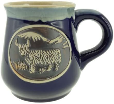 Tasse aus Steingut Schottland Keramik Becher für Kaffee oder Bier, 500 ml, Hochlandkuh, Blau von Glen Appin