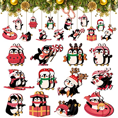 24 Stück Weihnachten Pinguin Holz Hängende Ornamente mit Seil Weihnachtsbaum Tier Dekoration Vintage Xmas Urlaub Party Dekorationen von Glenmal