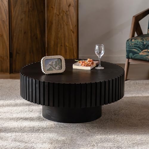 Runder Boho-Couchtisch, handgefertigter Trommel-Couchtisch mit vertikalem Texturrelief, breiter Tischplatte und Basis, einzigartiger Mitteltisch, runder Mitteltisch mit Sockel for Bauernhaus(A,80cm) von Glenmi