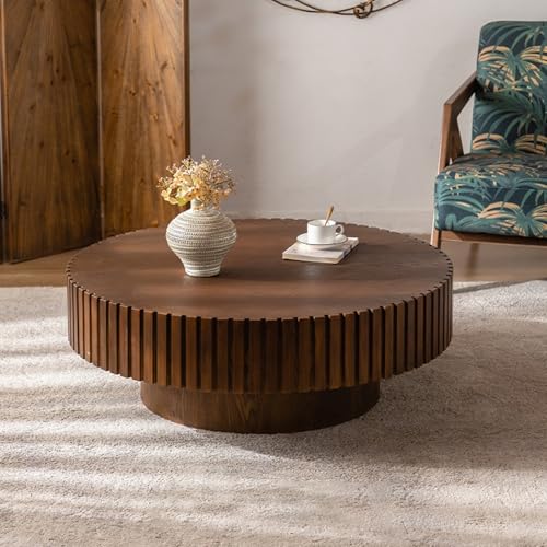 Runder Boho-Couchtisch, handgefertigter Trommel-Couchtisch mit vertikalem Texturrelief, breiter Tischplatte und Basis, einzigartiger Mitteltisch, runder Mitteltisch mit Sockel for Bauernhaus(B,100cm) von Glenmi