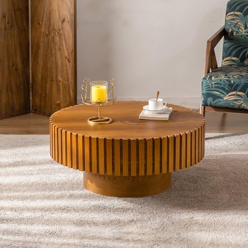 Runder Boho-Couchtisch, handgefertigter Trommel-Couchtisch mit vertikalem Texturrelief, breiter Tischplatte und Basis, einzigartiger Mitteltisch, runder Mitteltisch mit Sockel for Bauernhaus(C,100cm) von Glenmi