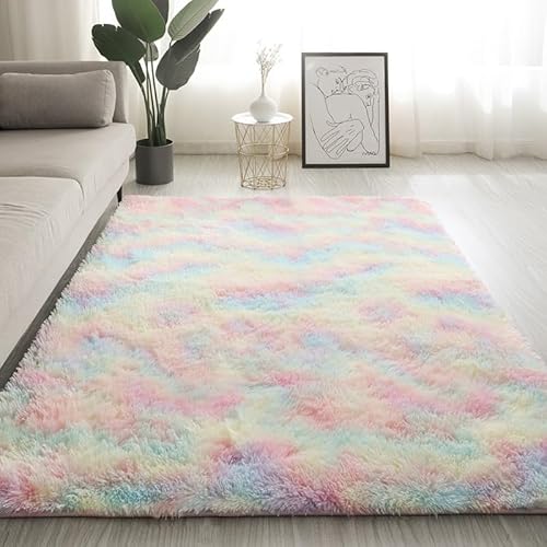 Weiche Teppiche for das Wohnzimmer – maschinenwaschbarer Wohnzimmer-Langflorteppich, pelzige Nachttischmatte for das Schlafzimmer, dicht gewebt, fusselfrei(Rainbow,200 * 250cm) von Glenmi