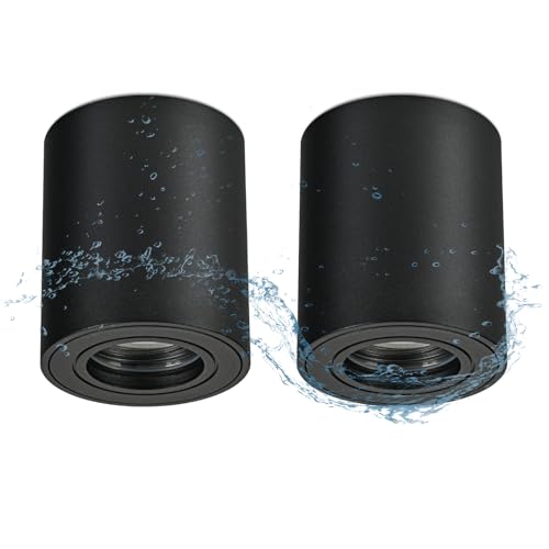 Gleonlux Deckenspot Aufbauspot IP44 Schwarz, GU10 Aufputz Spots Flach, Aufbaustrahler Deckenleuchte 230V mit GU10 Fassung, Deckenlampe aus Aluminium Downlight Runde für Badezimmer, Dusche, 2 Stück von Gleonlux