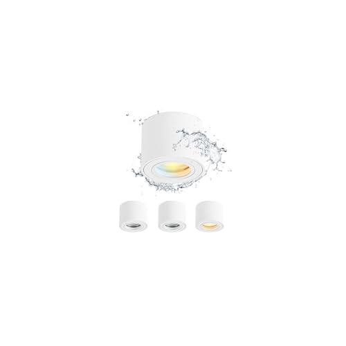 Gleonlux LED Aufbauspot Deckenspot IP44 Weiß Dimmbar, Aufputz Spots flach Ø80x60mm, Aufbaustrahler 5W CCT LED Modul 230V 3000K/4000K/6500K, Deckenstrahler Rund, Spots Deckenleuchte Aluminium 4er von Gleonlux
