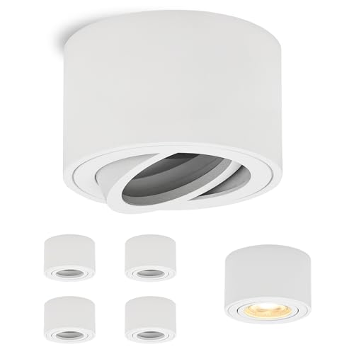 Gleonlux LED Aufbaustrahler Schwenkbar flach 6er, Aufbauspot matt Weiß, Deckenspot für LED Module 230V, Spots Deckenleuchte Rund, Spots Deckenlampe Aluminium Ø80x50 mm, Glühbirne nicht inklusive von Gleonlux