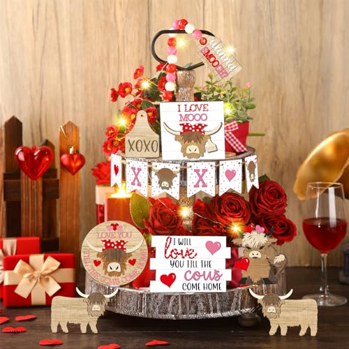 GlikCeil 20 Stück Valentinstag Highland Cow Tiered Tray Decor Set Herz Rinder Holz Schild I Will Love You Till the Cows Come Home Rustikaler Bauernhaus Kuh Tisch Mittelstück für Zuhause Küche Tisch von GlikCeil