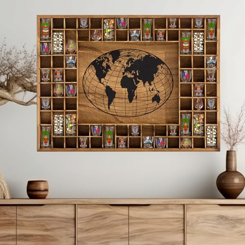 GlikCeil Große Weltkarte Schnapsglas-Vitrine mit 68 Fächern, rustikaler Holz-Schnapsglashalter für 2 Größen, Weinglas, Bar, Regal, Organizer, Wandhalterung, Aufbewahrung, Schattenschrank, Dekoration von GlikCeil