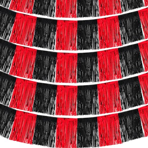 Glimin 5 Stück 4. Juli Abschlussdekorationen 15,2 m x 38,1 cm Metallfolie patriotischer Grad Parade Float Fransen Girlande Banner hängende Luftschlangen für Partyzubehör (Rot Schwarz) von Glimin