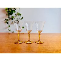 Art Deco Bernsteinstiel Kristallgläser Set Geätzte Kornblumen Tiffin Gläser von GlintGlassware