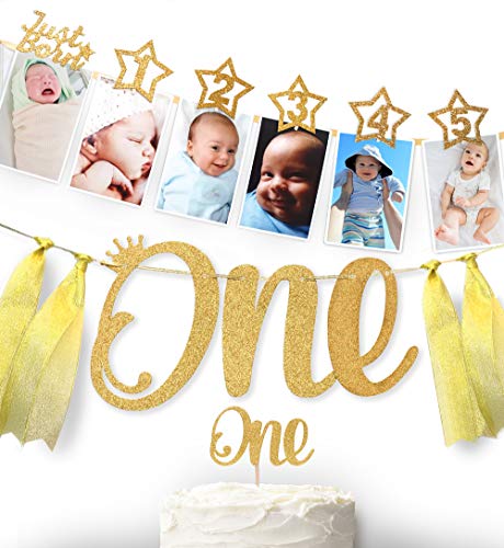Meilenstein-Foto-Banner für Neugeborene bis 12 Monate, Tortenaufsatz und Hochstuhl-Banner, Goldglitzer-Dekorationen für 1 Jahr von Glittery Garden