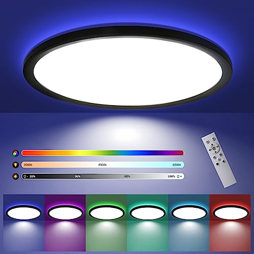 Glitzerlife LED Deckenleuchte Flach Farbwechsel - 28W RGB Dimmbar Deckenlampe Fernbedienung Schwarz Rund Hintergrundbeleuchtung Ø30CM für Schlafzimmer Badezimmer Küche Flur, 3000K-6500K von Glitzerlife