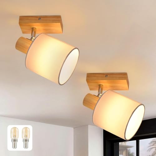 Glitzerlife Deckenleuchte 1 Flammig Deckenlampe Flur - 2er Deckenstrahler Modern Holz Deckenspot Wandstrahler Schwenkbar 350° E14 MAX.40W lampe für Wohnzimmer Schlafzimmer Küche Mit Leuchtmittel von Glitzerlife