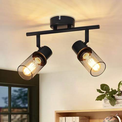 Glitzerlife Deckenleuchte 2 Flammig Deckenstrahler Schwarz - Deckenlampe Spot Metall Industrial Schwenkbar 330°E27 LED für Flur Gang Wohnzimmer Schlafzimmer esszimmer Eingangstür Ohne Leuchtmittel von Glitzerlife