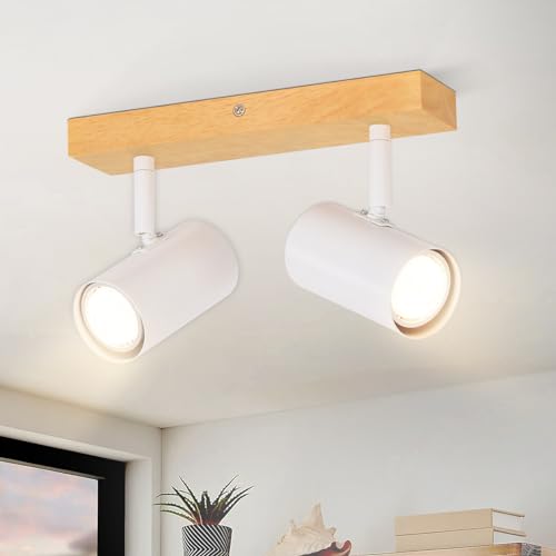 Glitzerlife Deckenleuchte 2 Flammig Holz Deckenstrahler - Deckenlampe GU10 Weiß Wandleuchte Modern indoor Deckenspots Schwenkbar 350° Spotslight für Wohnzimmer Schlafzimmer Küchen Korridor Esszimmer von Glitzerlife