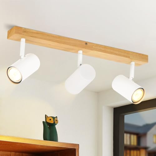 Glitzerlife Deckenleuchte Holz 3 Flammig Deckenstrahler - Vintage Deckenlampe GU10 Deckenspots Modern Weiß Schwenkbar 350° Retro Wandstrahler für Schlafzimmer Wohnzimmer Arbeitszimmer Flur Küche von Glitzerlife