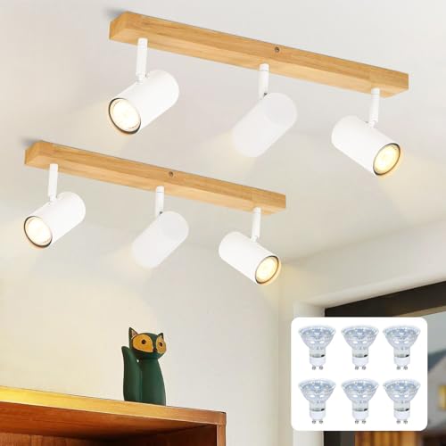 Glitzerlife Deckenleuchte Holz Deckenstrahler 3 Flammig - 2er Vintage Deckenlampe GU10 Deckenspots Modern Weiß Schwenkbar 350° Flurlampe für Schlafzimmer Wohnzimmer Küche Mit Leuchtmittel von Glitzerlife