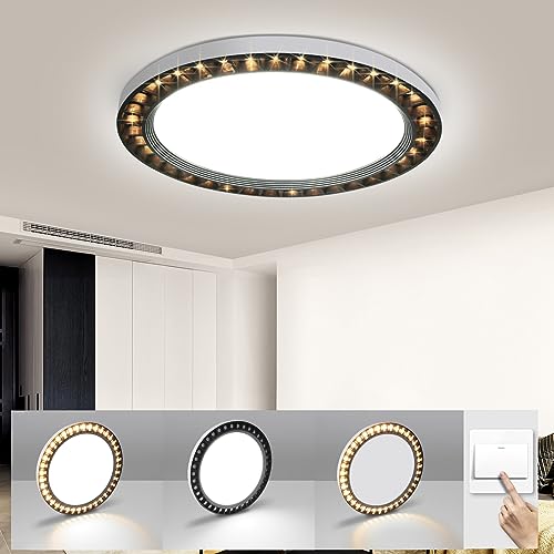 Glitzerlife LED Deckenleuchte Rund Schwarz - 28W Modern Deckenlampe Warmweiß 3000K und Panel Flach Kaltweiß 6500K IP44 Wasserfest 28 CM Badlampe für Küche Büro Wohnzimmer Badezimmer Kinderzimmer von Glitzerlife