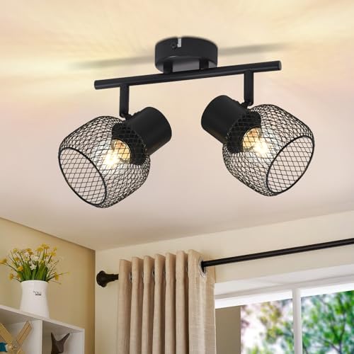 Glitzerlife Deckenleuchte Vintage Deckenstrahler 2 Flammig - Deckenlampe Schwarz Metall LED Drehbar 330°Strahler Innen für Flurlampe Wohnzimmer flur Schlafzimmer Küche E27 Max.25W Ohne Leuchtmittel von Glitzerlife