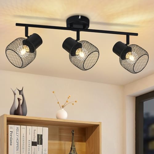 Glitzerlife Deckenspots Schwarz Deckenlampe Vintage - 3 Flammig Deckenlampe Metall Schwenkbar 330°LED Strahler Innen für Wohnzimmer Schlafzimmer flur Küche Kinderzimmer E27 Max.25W Ohne Leuchtmittel von Glitzerlife