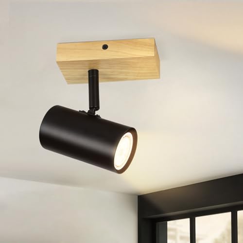 Glitzerlife Deckenstrahler 1 Flammig Deckenleuchte Holz - Deckenlampe Flur Schwarz Metall Modern GU10 350°Deckenspot Drehbar für Wohnzimmer Schlafzimmer Küche,Ohne Leuchtmittel Max.40W von Glitzerlife