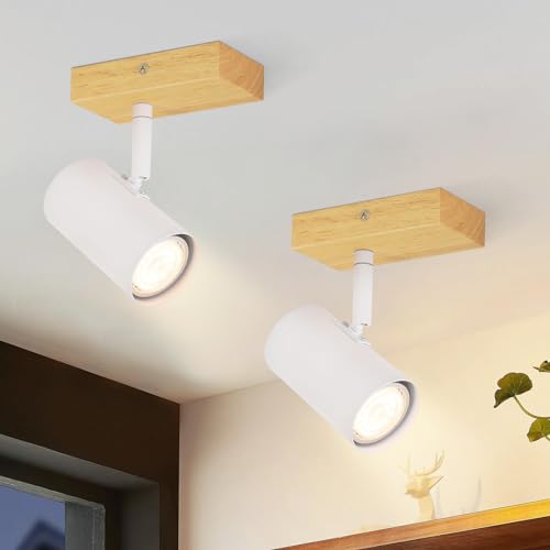 Glitzerlife Deckenstrahler 1 Flammig Deckenleuchte Holz - Deckenlampe Flur Weiß Metall Modern GU10 Fassung 350°Deckenspot Drehbar für Wohnzimmer Schlafzimmer Küche Treppe Badezimmer 2ER von Glitzerlife