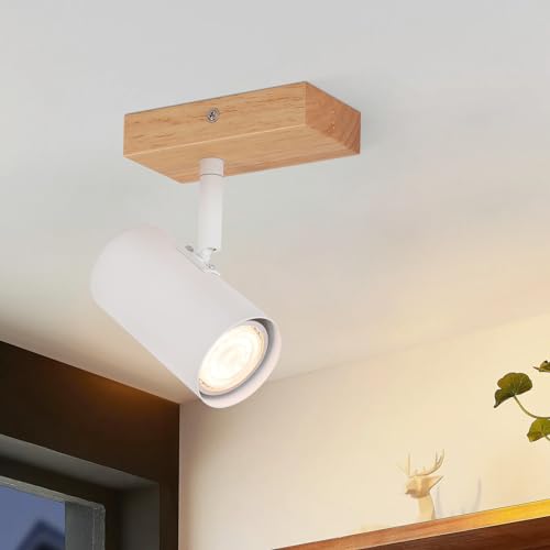 Glitzerlife Deckenstrahler 1 Flammig Flurlampe Holz - Deckenspots Flur Weiß Deckenleuchte Metall Modern GU10 350° Deckenlampe für Wohnzimmer Schlafzimmer Küche Treppe Esszimmer von Glitzerlife