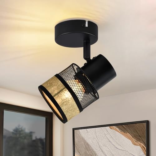 Glitzerlife Deckenstrahler 1 Flammig Schwarz Deckenleuchte - Deckenlampe Flur Metall Vintage mit Gold Stoffschirm Deckenspot E27 LED Max.40W 330°schwenkbar für Wohnzimmer Schlafzimmer Küche Treppe von Glitzerlife