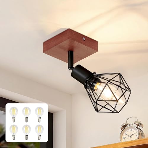 Glitzerlife Deckenstrahler 1 Flammig Schwarz Deckenspot - Holz Deckenlampe E14 6×4W 2700K Vintage Metall Schwenkbar 350° Innen Deckenleuchte MAX.40W für Flur Wohnzimmer Schlafzimmer Küche von Glitzerlife