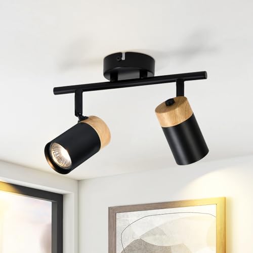 Glitzerlife Deckenstrahler 2 Flammig Holz Deckenlampe - GU10 LED Deckenleuchte Schwarz Schwenkbar 330° Spotlight für Flur Garage Wohnzimmer Schlafzimmer Küche Ohne Leuchtmittel von Glitzerlife