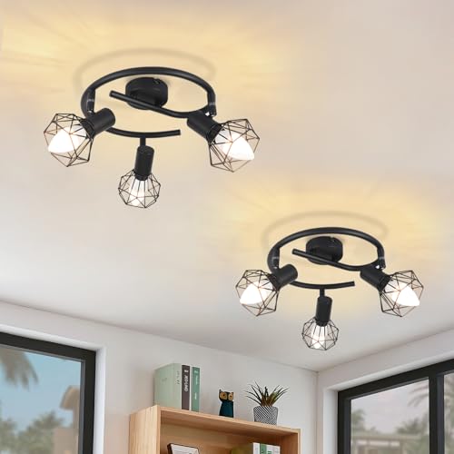 Glitzerlife Deckenstrahler 3 Flammig Rund Deckenspots - 2ER Deckenleuchte E14 Schwarz Retro Schwenkbar Industrial Küchenlampe Metall für Schlafzimmer Wohnzimmer Arbeitszimmer Flur Keine Leuchtmittel von Glitzerlife