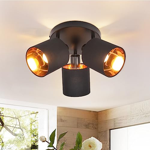 Glitzerlife Deckenstrahler 3 Flammig Deckenlampe Schwarz - Rund Deckenspot E14 Vintage Flurlampe Schwenkbar 350° Deckenleuchte Stoffschirm MAX.25W für Schlafzimmer Küche Hotel (ohne Leuchtmittel) von Glitzerlife