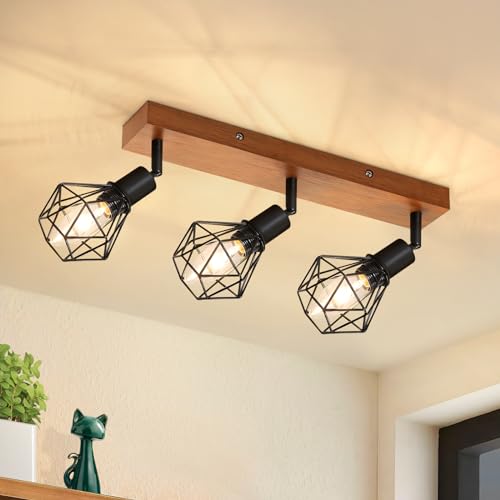 Glitzerlife Deckenstrahler 3 Flammig Schwarz Holz - E14 Denckenspots Retro Deckenlampe Metall Schwenkbar 350° Deckenleuchte Innen MAX.25W für Esszimmer Küche Wohnzimmer Schlafzimmer Ohne Leuchtmittel von Glitzerlife