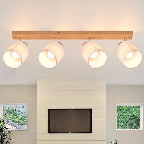 Glitzerlife Deckenstrahler 4 Flammig Deckenlampe Wohnzimmer - Holz Deckenleuchte Modern Deckenspot E14 Schwenkbar 350° MAX.25W küchenlampe Stoffschirm für Schlafzimmer Küche Flur (ohne Leuchtmittel) von Glitzerlife